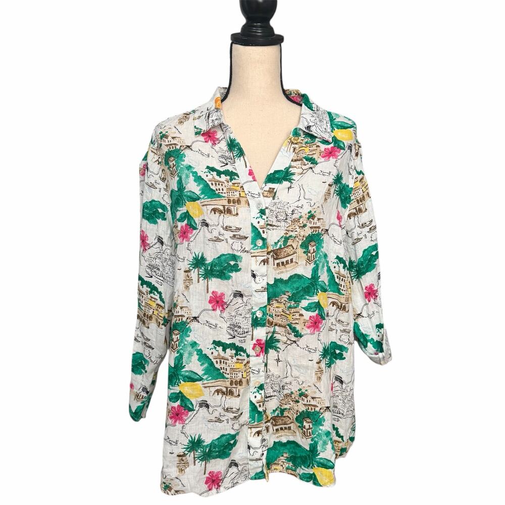 Cynthia Rowley NEW Wmns White City Graphic 100% Linen Lagenlook Tunic Top Sz XL